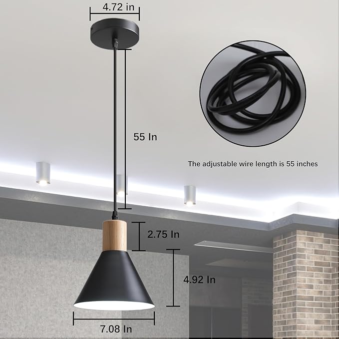 Pendant Lights, 3 Pack Solid Wood Ceiling Hanging Lamp, Modern Matte Black Pendant Lighting for Kitchen Over Island Dining Living Room Bedroom