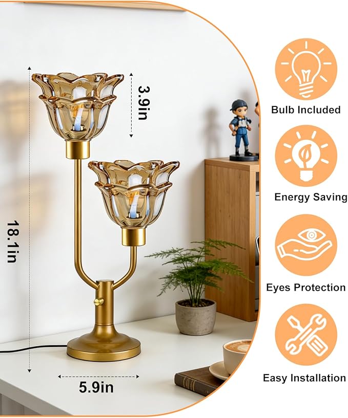 Lightdot Mid Century Modern Flower Table Lamp Gold Dimmable U-Shaped Brown Glass Desk Lamps with 2Pcs 3000K Warmwhite Bulbs Included Bedside Nightstand Lamp for Living Room Bedroom