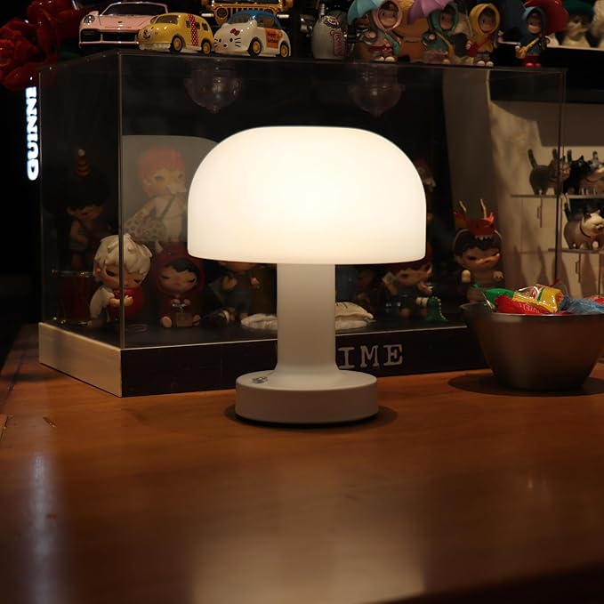 Small Mushroom Table Lamp, Cordless Night Light with 2600mAh Rechargeable Battery, Stepless Dimming Desk Lamp with 3 Colors for Bedroom/Patio/Living Room (White-1)