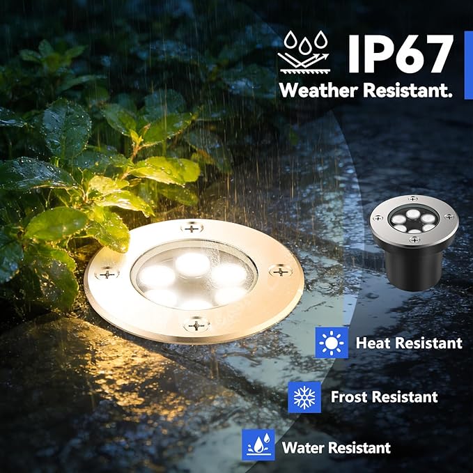 JESLED Low Voltage Landscape Lights, 6W LED Well Lights IP67 Waterproof, 3000K Warm White In-Ground Lights with Wire Connectors for Pathway, Deck, Patio, Yard, Garden (8 Pack)