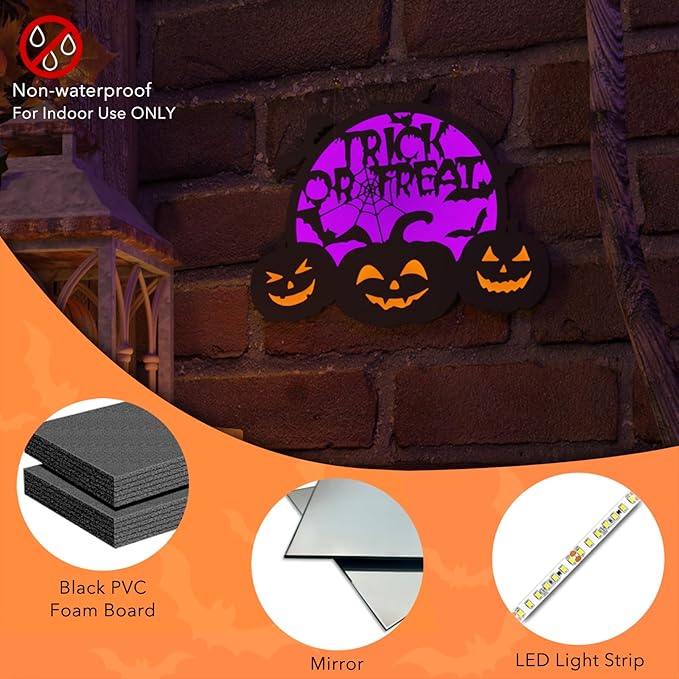 Halloween Pumpkin Lights, LED Connected Jack O Lantern With Light Up Purple Moons, Bat Spider Web & Trick or Treat Wording, USB & Battery Powered With Timer, Halloween Decorations Kids Wall Window Art