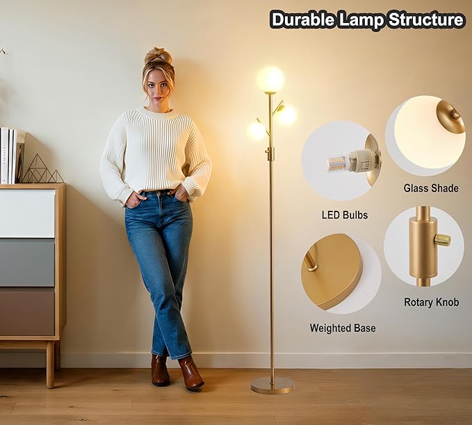 Fiqevs Mid Century Modern 3 Globe Tree Floor Lamp - Dimmable LED Standing Lamp with Bulbs, Warm Light for Living Room Bedroom Office - Antique Brass/Gold