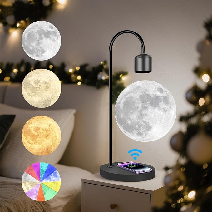 Magnetic Levitating Moon Lamp with Wireless Charging Base, 16M+ Swichable Colors, 3D Printed Floating LED Night Light for Bedroom Decor