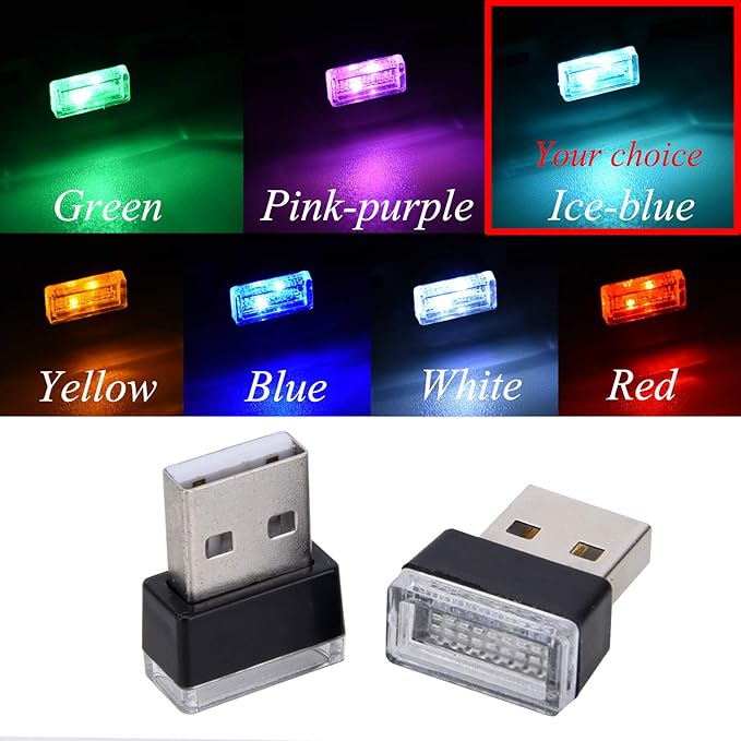 Febrytold 4Pcs Ice Blue USB Car Interior Atmosphere Lamps, Universal Mini Led USB Lights for Car Decoration, Lighting