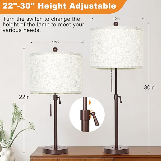 Table Lamps for Bedrooms Set of 2: 22" to 30" Height Adjustable Nightstand Lamps with White Linen Shade | Pull Chain Switch | Marble Base - 3 Way Dimmable Beside Lamp (Brown)