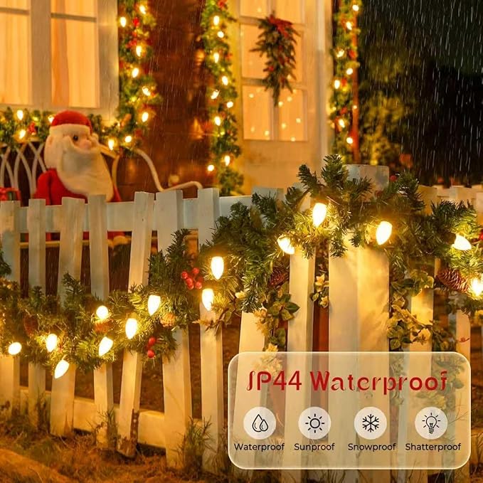 JMEXSUSS 100 LED C9 Christmas Lights Outdoor: 66 FT 8 Modes Plug in Connectable C9 Warm White Christmas Lights for Tree Roof Eaves Garden Decor