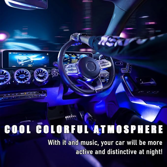 Car Interior LED Strip Light, 12V 24 LED Neon Ambient Night Light with Cigarette Lighter Plug, Automotive Atmosphere Decorative Under Dash Lighting Kit, Car Accessories (Blue)