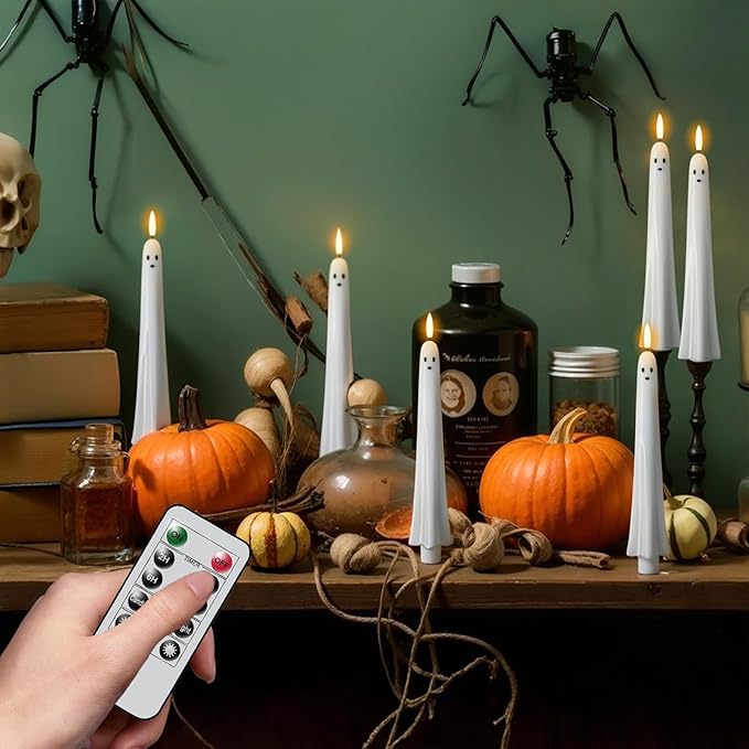 DRomance Halloween Ghost Flameless Taper Candles Flickering Battery Operated with Remote and Timer 3D Wick White Real Wax LED Taper Candles Halloween Dinner Decoration Indoor(2 Pack, 0.79"D x 9.5"H)