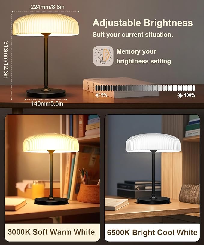 Outdoor Cordless Table Lamp - Waterproof Shower Lamp Battery Operated, 2 Color Dimmable Touch Lamps Rechargeable, Mushroom Design Solar Table Light for Patio Bathroom Camping, Christmas Gift for Women