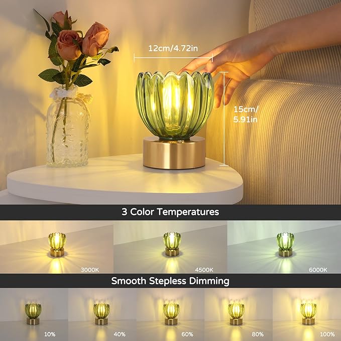 Cordless Small Table Lamp with 5200mAh Battery & Touch Control, Battery Operated Tulip Table Lamp with 3 Colors, Rechargeable Mini Table Lamps for Bedsides, Bedroom, Nightstand (Green)
