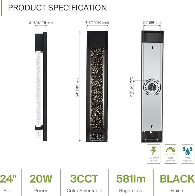 ASD LED 24 Inch Bubble Glass Wall Light Fixture | 20W 600LM 3000K-5000K 100-277V | 3CCT, Waterproof, Dimmable, ETL Listed | Exterior Flush Mount Sconce, Outdoor-Indoor Lighting | Black, 2 Pack