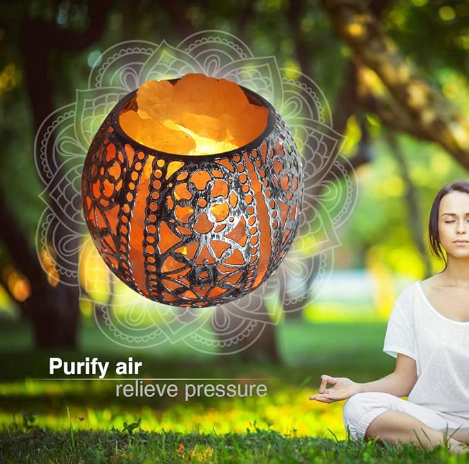 Salt Night Light,Natural Wall Light Salt Lamp with 2 Bulbs, Himalayan Rocks Salt Lamp with Spherical Metal Basket Gift