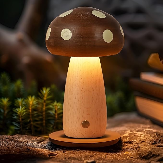2 Pack LED Wood Mushroom Table Lamp, Rechargeable Cordless Touch Bedside Small Lamps, Wireless Stepless Dimming Night Light, Portable Battery Lamp for Bedroom Nightstand for Birthday Gifts