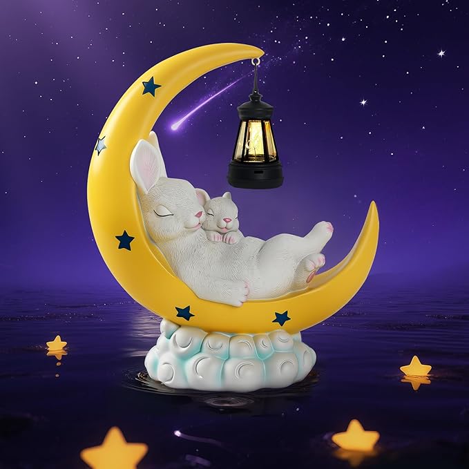 Easter Gift for Mom – Solar Powered Mother & Baby Rabbit Garden Light on Moon, Warm White LED Resin Statue for Yard and Patio | Mother's Day Gardening Gift