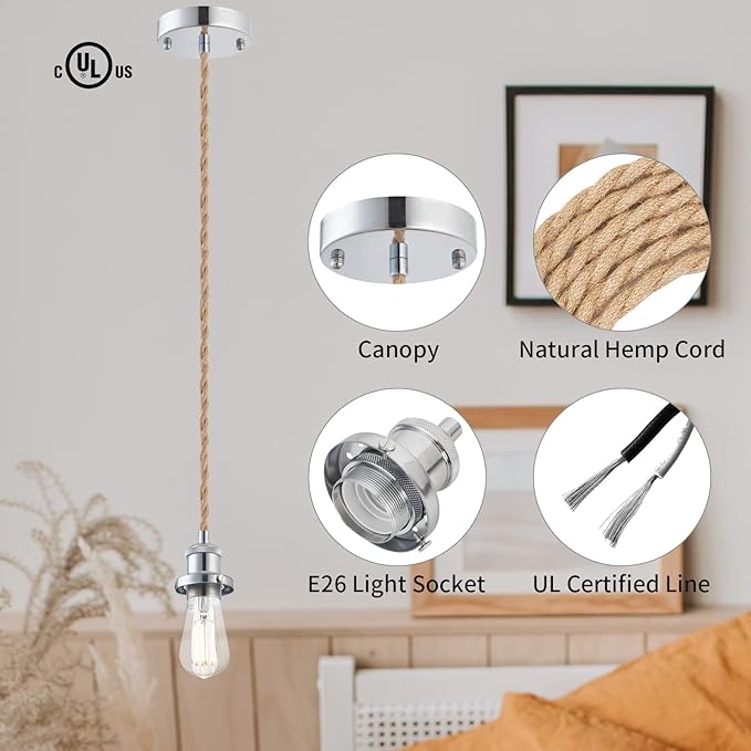 Industrial Mini Pendant Light Kit, E26 Socket Pendant Hanging Light, Hemp Rope Vintage Hanging Pendant Light Cord, Adjustable Pendant Lights Ceiling Mount Kitchen Island Farmhouse