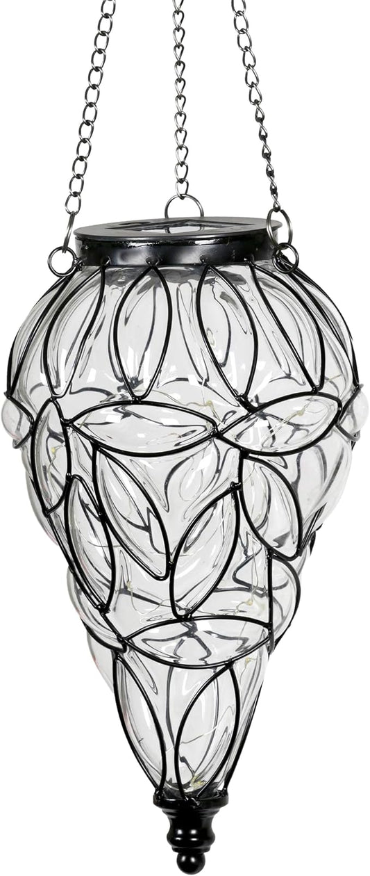 Solar Hanging Lantern Outdoor Garden Lights, Tear-Shaped Glass and Metal Hanging Lantern, 15 Firefly LED Lights, 7 x 24 Inch (Clear)