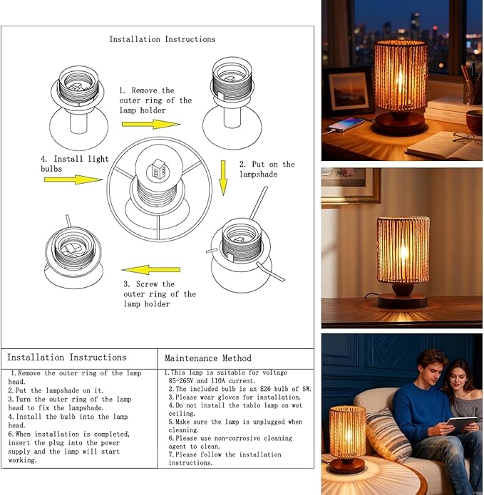 Handmade Rattan Lamp Boho Table Lamp for Bedroom, Stepless Dimming Small Woven Lamps for Night Stands with Warm White LED Bulb, Coastal Boho Lamp for Living Room Reading Nook Office Desk
