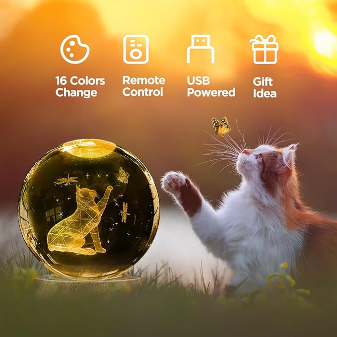 3D Cat Crystal Ball Night Light Cat Lover Gifts for Women 3.15 Inch Figurines Decor Lamp with 16 Color Wooden LED Base and Remote, Birthday Christmas Gifts for Boys Girls Kids