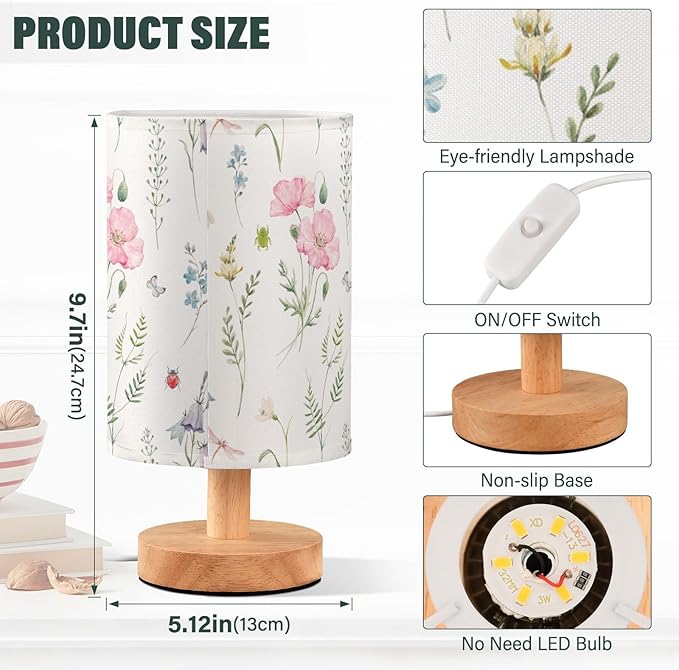 Wildflower Pink Poppy Flower Bell Leaves Butterfly Dragonfly Table Lamp with Wood Base Fabric Lamp Shade Bedside Nightstand Desk Lamp for Living Room Bedroom Kids Room Office