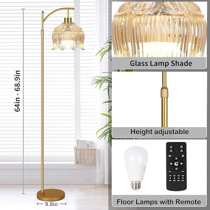 Floor Lamp for Living Room,Bedroom,Gold Dimmable Standing Lamp with Remote,Mid Century Modern Brass Tall Lamp Boho Floor Lamps Arc Stained Glass Tulip Flower Floor Light Lamp Girls Bohemian