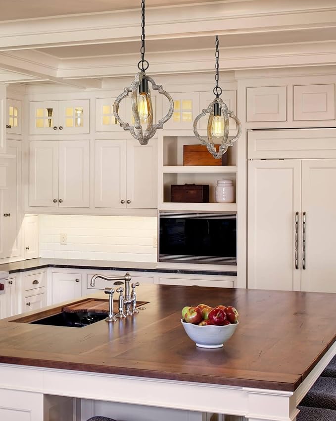 CALDION Farmhouse Pendant Lights, 2Pack Wood Dining Room Lighting Fixtures, Adjustable Height Hanging Pendant Lights for Foyer, Kitchen Island, Entryway