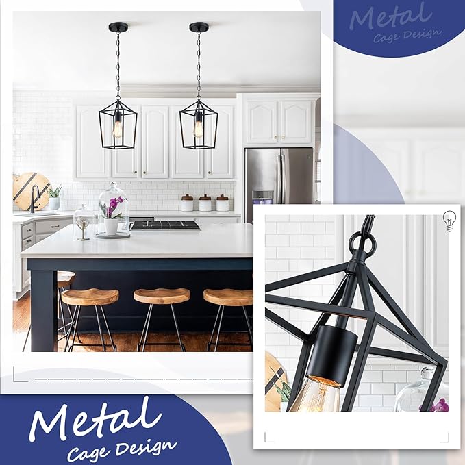 2-Pack Farmhouse Pendant Lights Kitchen Island, Black Pendant Light Fixtures Hanging Lamp for Dining Room, Modern Kitchen Pendant Lighting Over Island, Metal Cage Design
