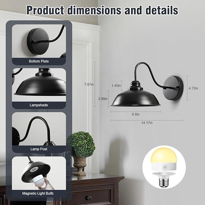 Battery Operated Wall Sconces Set of Two, Black Wireless Wall Lights with Remote and Dimmable Bulbs for Bedroom/Living Room/Farmhouse, Rechargeable Vintage Gooseneck Wall Decor Lamp