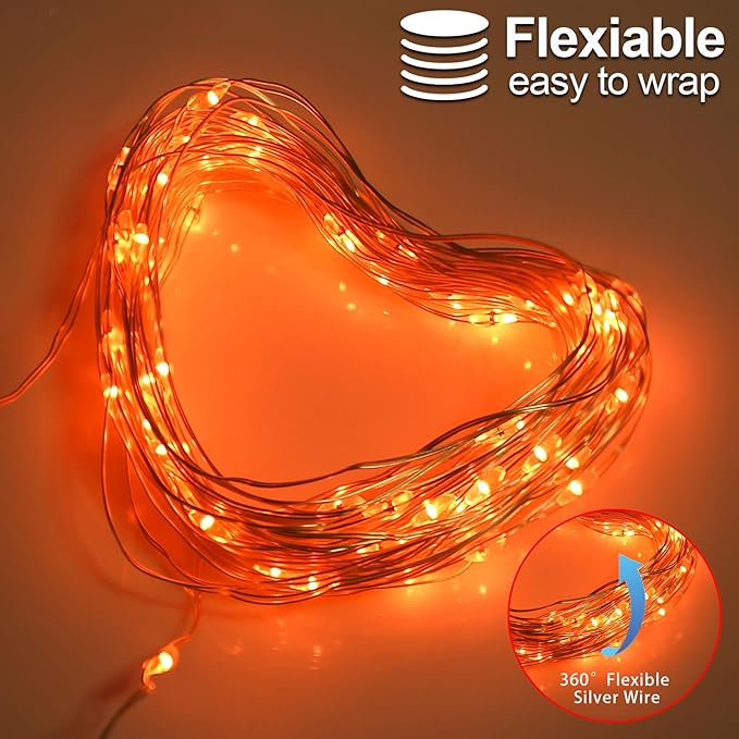 YAOZHOU Thanksgiving Fall Decorations Orange Fairy String Lights Indoor, Battery Operated Powered with Timer, 2 Pack Total 33FT 100 Led Mini Mason Jar Waterproof Firefly Halloween Lights DIY Party