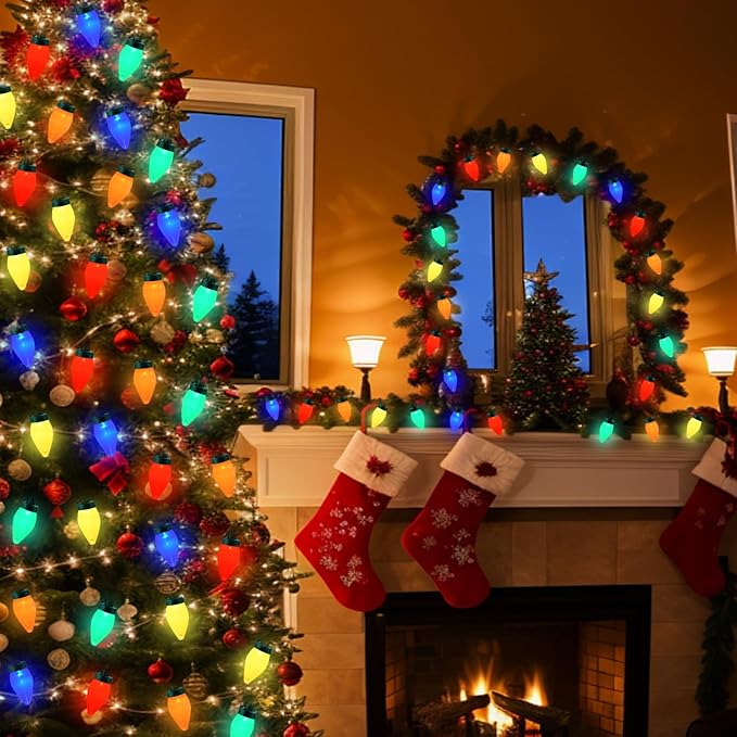 100LED C7 Christmas Lights Battery Operated Outdoor with 8 Mode Remote Control, 2 Sets 27.5FT 50 Twinkle Big Christmas Lights for Colored Xmas Tree, Home Garden Patio Decorations