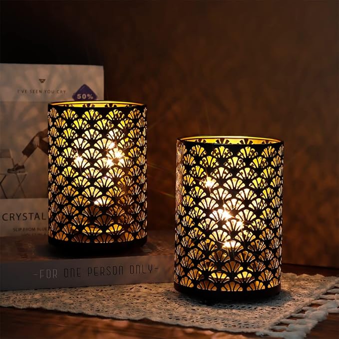 TRIROCKS Set of 12 Table Lamp 6.5'' Tall Metal Cordless Table Lamp Bronze Lanterns with Warm Fairy Lights Bulb for Patio Garden Wedding Parties Indoor Outdoor(Scalloped Hollow Pattern)