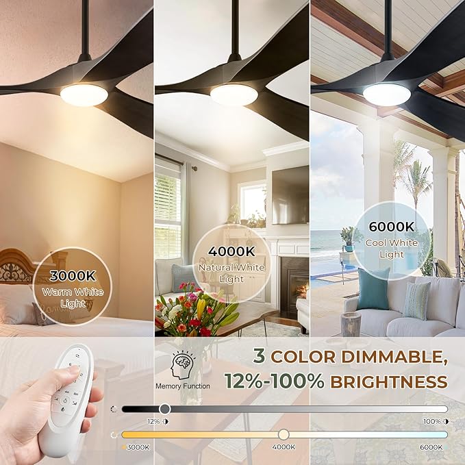 52" Outdoor Ceiling Fans with Lights and Remote Control, Wood Ceiling Fan with Lights High CFM Quiet 3 Blade Wood Walnut Fan, Propeller Ceiling Fan for Outdoor/Indoor/Patio,Matte Black