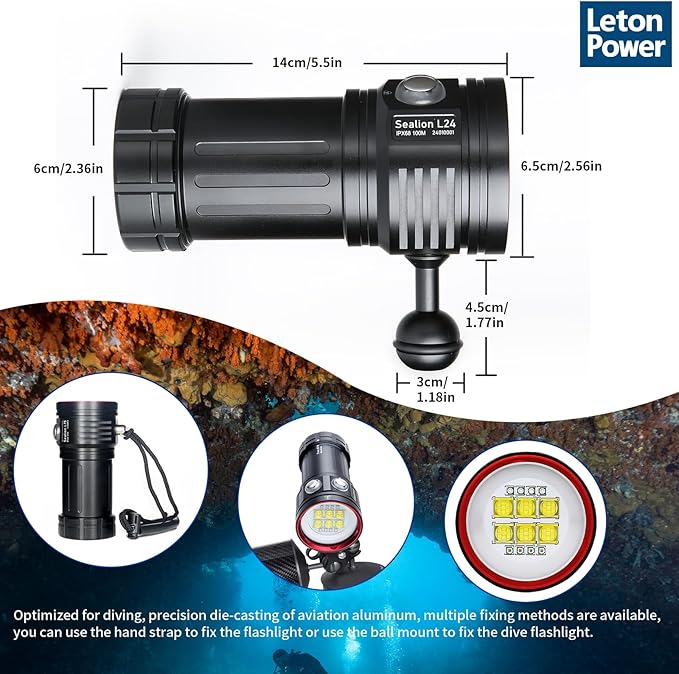 Diving Flashlight, L24 12000Lumens Dive Light,100m Underwater Video Light, Scuba Dive Lights, Underwater flashlights with Type-C Charging for Professional Under Water Sports