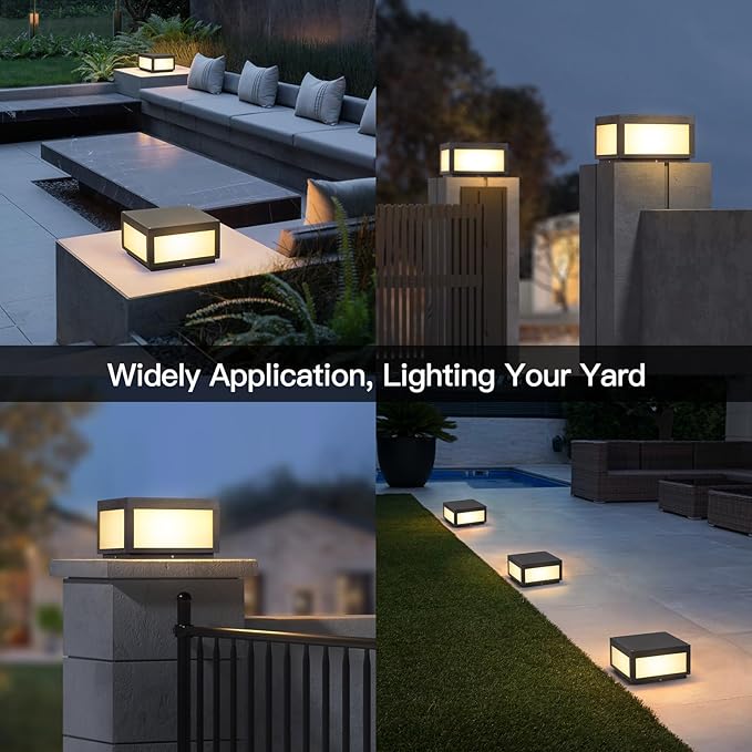 Outdoor Post Lights, 9.84" Square Pillar Lights Hard Wired, Modern Column Lighting Waterproof LED 3000K Warm Posts Lamp Lantern for Patio Driveway Entrance Deck Garden Decoration(120V)