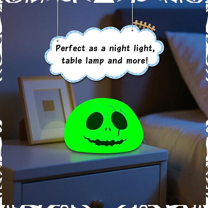 Cute Creative Christmas Skeleton Face Silicone Tap Light - Battery Powered, Multi-Color Changing, Safe and Soft for Indoor Holiday Decoration (White Skellington)