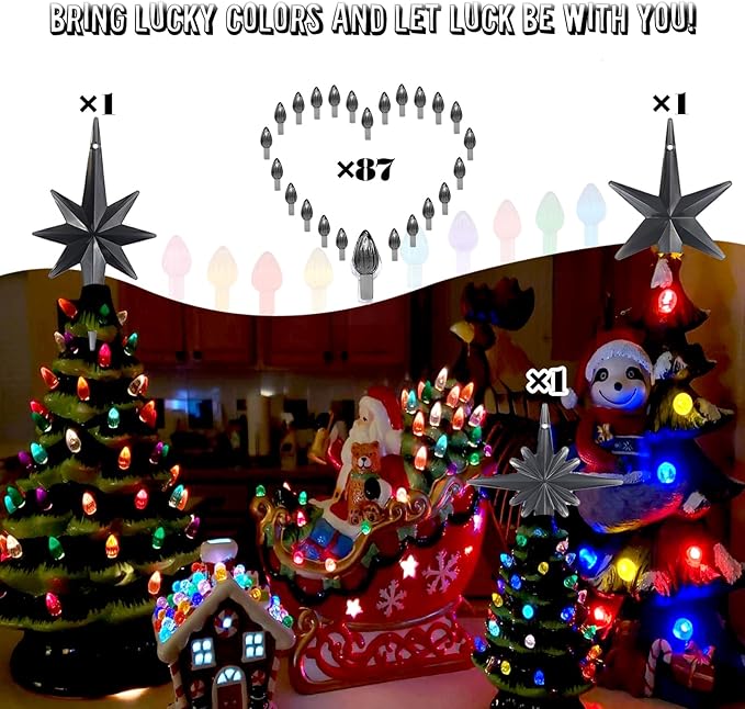Ceramic Christmas Tree Replacement Lights Bulbs, Black Gray Medium Twist Plastics Pegs Ornaments for Ceramic Tree(87 Bulbs＆ 3 Topper Star)