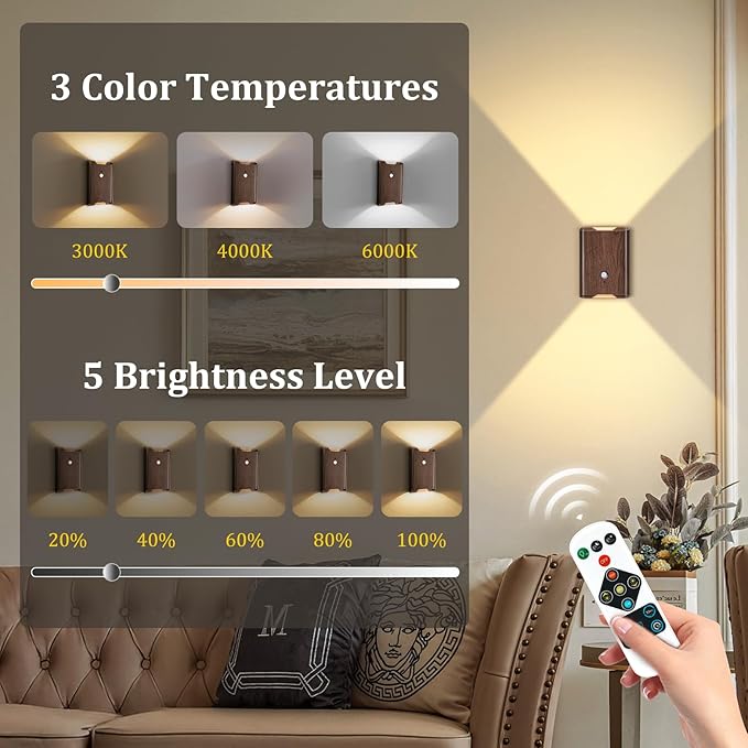 Rechargeable Motion Sensor Wall Light - 3 Colors Battery Powered Wireless Wall Sconces Set of Two with Remote, Magnetic Motion Sensor Stair Lights Indoor Night Light for Bedroom Hallway Closet, Walnut