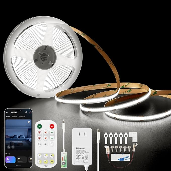 COB LED Strip Lights 6000K Cold White DC24V 16.4ft/5m CRI90+ Super Bright Dimmable Flexible LED Tape Lights with Music Sync Smart App RF Remote Control for Living Room Ceiling Cabinet Lighting