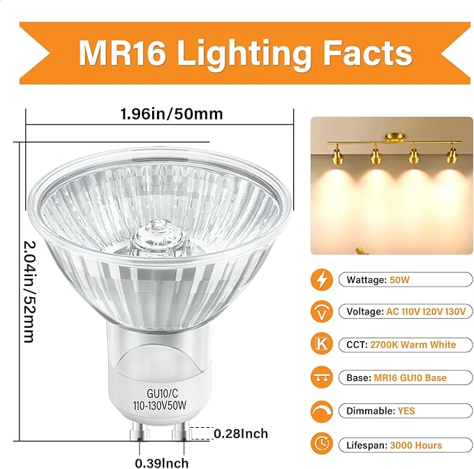 GU10 Halogen Bulb 120V 50w Halogen Light Bulbs, MR16 GU10+C with Glass Cover for Track & Recessed Lighting, Range Hood Light, Candle Warmer Lamp, 2700K Warm White, Dimmable, Pack of 6