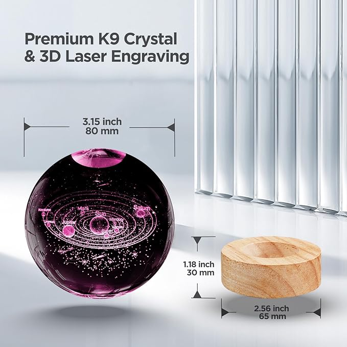 3D Solar System Crystal Ball Night Light with 16 Color Wooden LED Base Upgraded 3.15 In Galaxy Planets Ball Lamp with Remote for Birthday Christmas, Astronomy Space Gifts for Boys Girls Kids