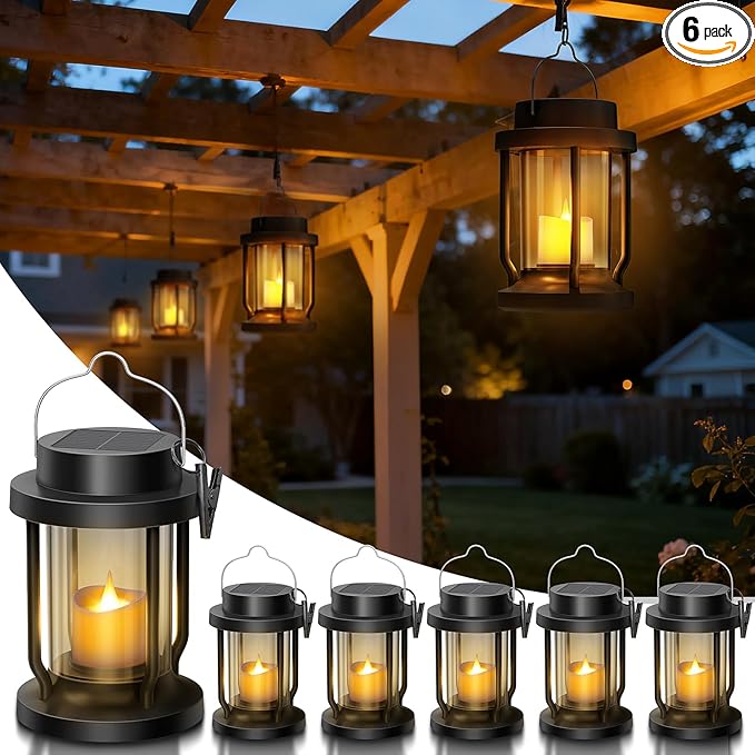 Solar Lanterns Outdoor Waterproof - Realistic Flickering Flameless Candle for Outdoor & Indoor Hanging Lights, Garden/Patio/Trees/Lawn Decor 6 Pack