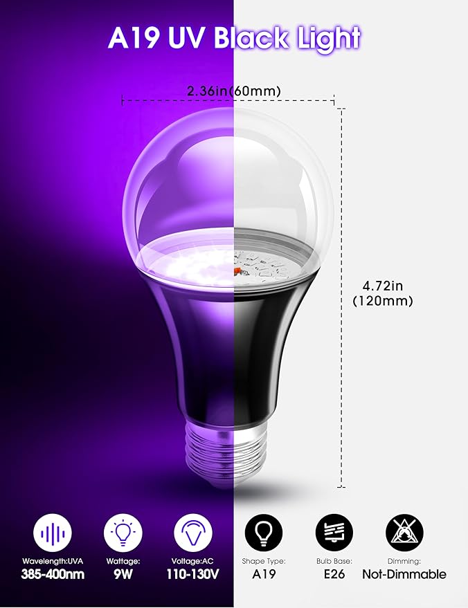 Black Light Bulbs 4 Pack, A19 LED Black Light Bulbs for Glow in The Dark 9W (100W Equivalent) E26 Base, Black Lights Party, Fluorescent Poster, Body Paint,Neon Glow