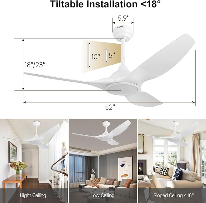 52 Inch Quiet DC Motor White Ceiling Fan with Light Remote Control, Indoor 3 Blade Modern Ceiling Fan for Bedroom Living Room