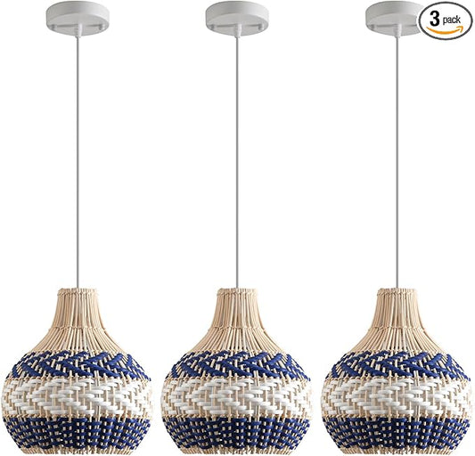 3-Pack Rattan Pendant Light,11In Blue White Hanging Light Hand-Woven Rattan Chandelier for Dining Living Bedroom Kitchen Farmhouse