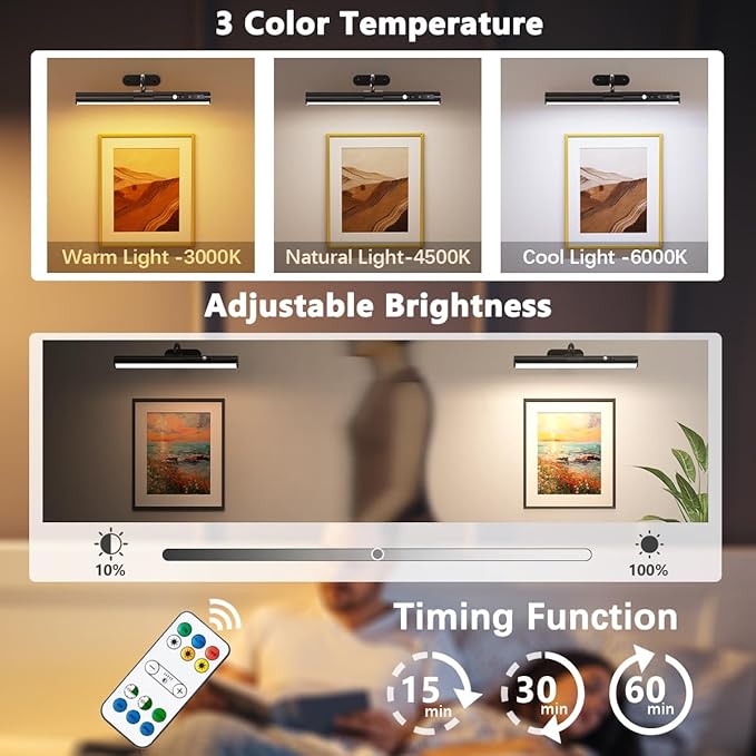Motion Sensor Battery Operated Picture Light, Wireless Rechargeable Magnetic Art Wall Sconce with Remote Control, LED Picture Frame Lights for Paintings Mirror Portrait Gallery Dart Poster (Black)