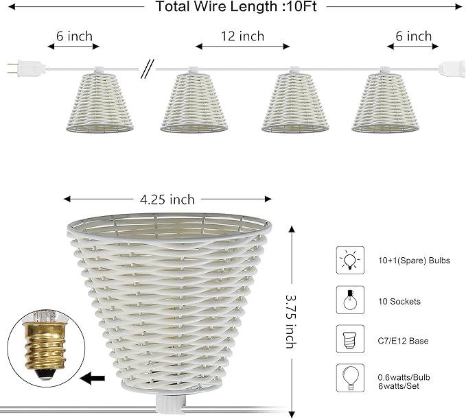 JONATHAN Y JYL8706B Payton 10-Light Indoor/Outdoor 10 ft. Classic Cottage LED G40 Faux-Rattan Shaded String Lights Coastal, Traditional, Farmhouse, Rustic, Patio, Porch, Backyard, White