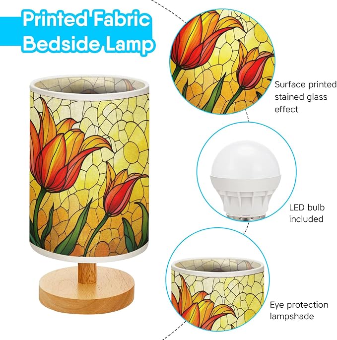 Tulip Table Lamp LED 3-Color Pressed Bedside, Tulip Shade Lamp with Wood Base for Bedroom Living Room Desk Office TL01
