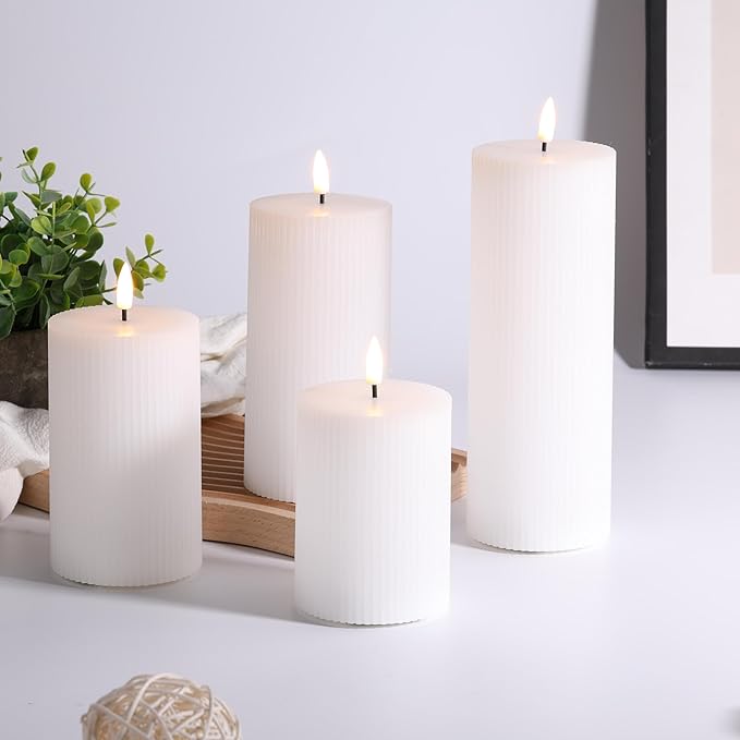White Ribbed Flameless Pillar Candles with Remote, Flat Top Flickering LED Wax Battery Candles Set of 4, Φ 3" H 4" 5" 6" 8"