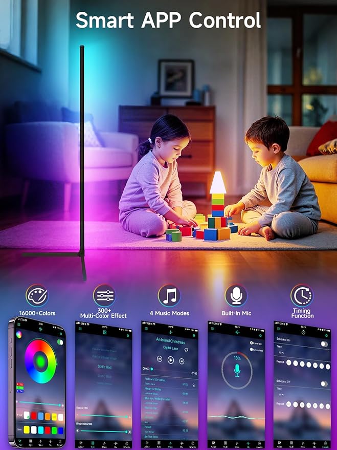 Corner Floor Lamp, RGB LED Corner Lamp with Music Sync, Smart App and Remote Control Color Changing Ambience Light, LED Lamp with 16 Million Colors for Bedroom, Living Room Gaming Room