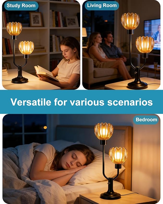 Lightdot Mid Century Modern Glass Table Lamp Black Dimmable U-Shaped Desk Lamps with Brown Lotus Glass Shade& 2Pcs 3000K Warmwhite Bulbs Included Bedside Nightstand Lamp for Living Room Bedroom