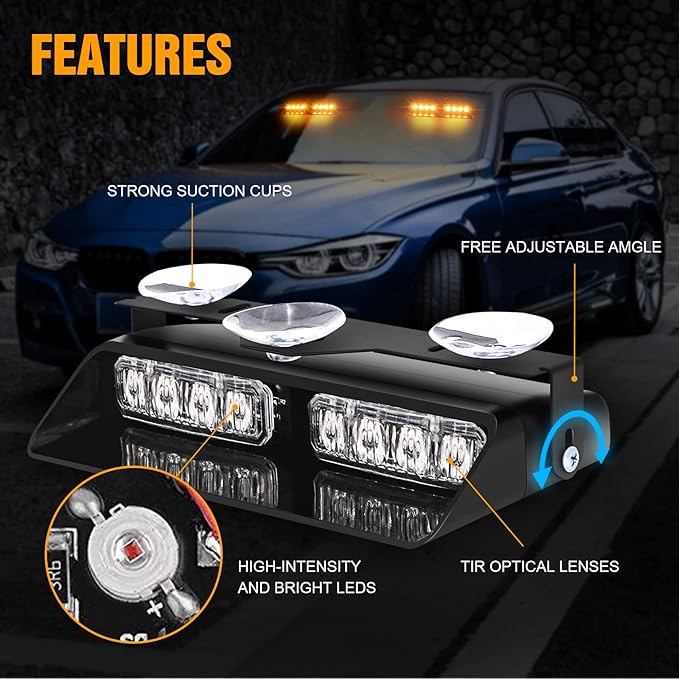 XRIDONSEN Amber 2 in 1 Emergency Dash Strobe Lights Interior Windshield Lights Hazard Warning Safety Flashing w/Suction Cups for Construction Trucks, Vehicles Car (2×7.16 inch, 16 LED)